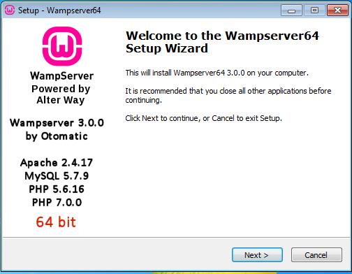 Pantalla de bienvenida de WampServer