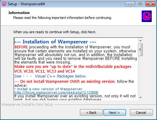 Listado de componentes necesarios para la instalación de WampServer