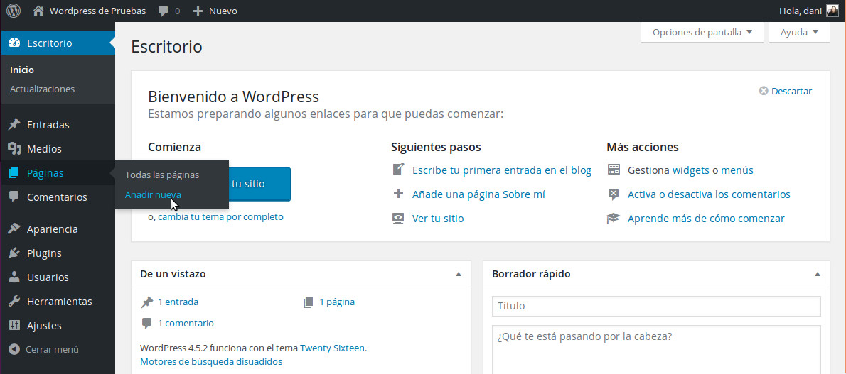 Añadir página nueva en WordPress