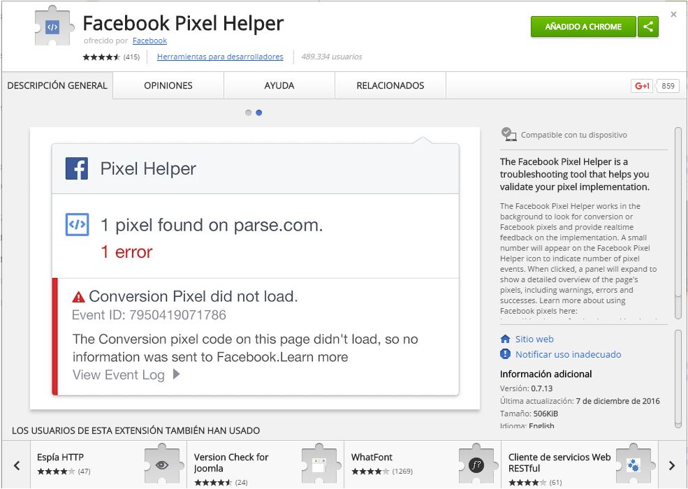 Extensión de Facebook Píxel Helper